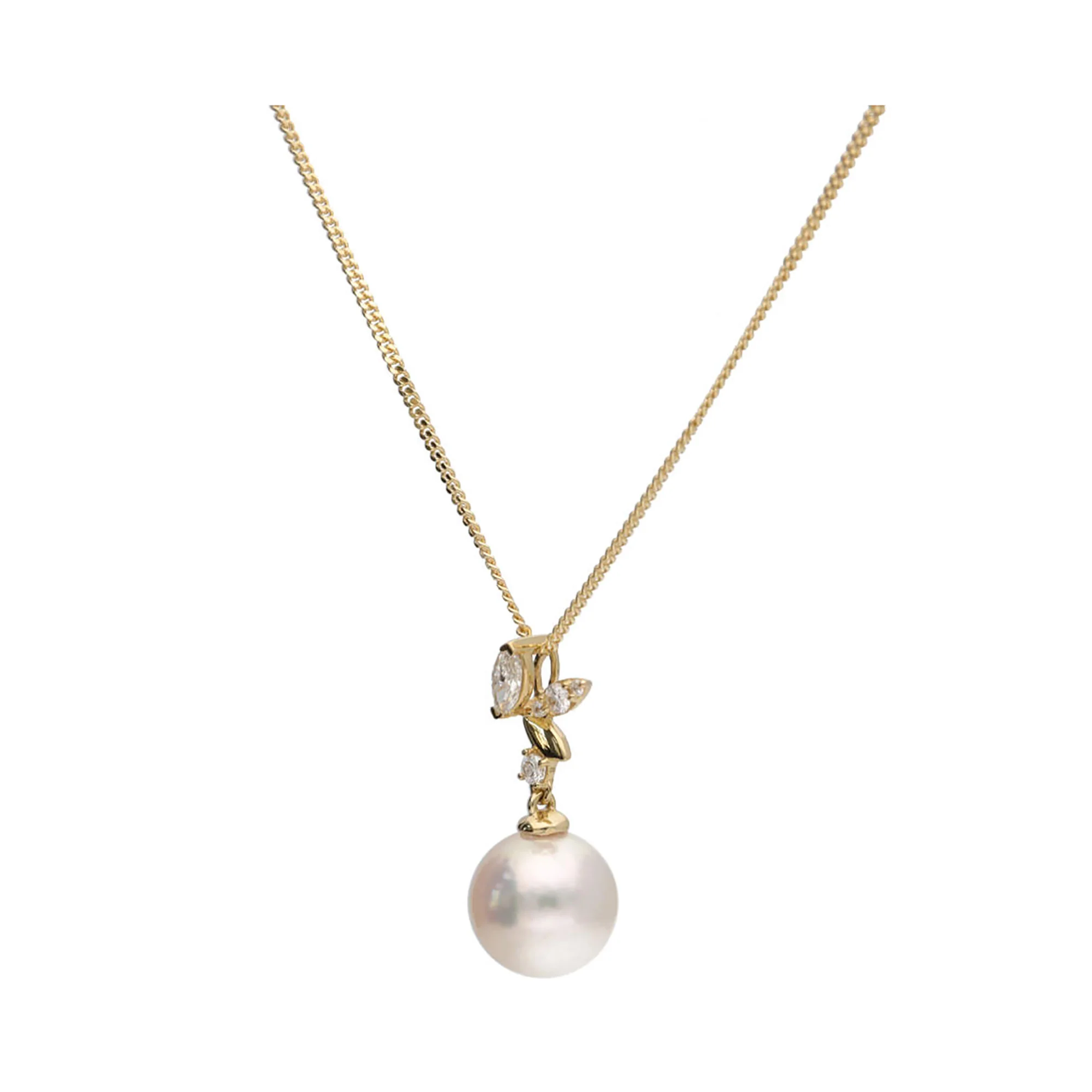 Akoya Pearl and Marquise Diamond 18ct Yellow Gold Necklace - Image 3